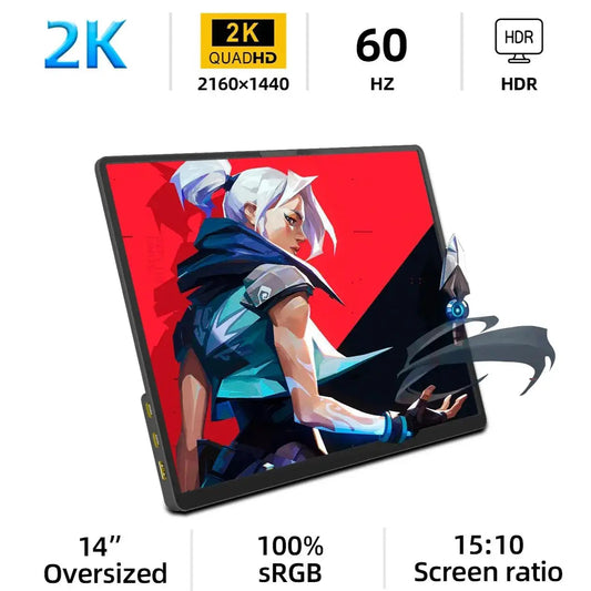 ZSUS 2160*1440  14-inch 2K Portable Monitor 60HZ For Laptop XBox PS4 / 5 Switch TV Box Cell Phone PC Extension  Mobile Techelectronicx