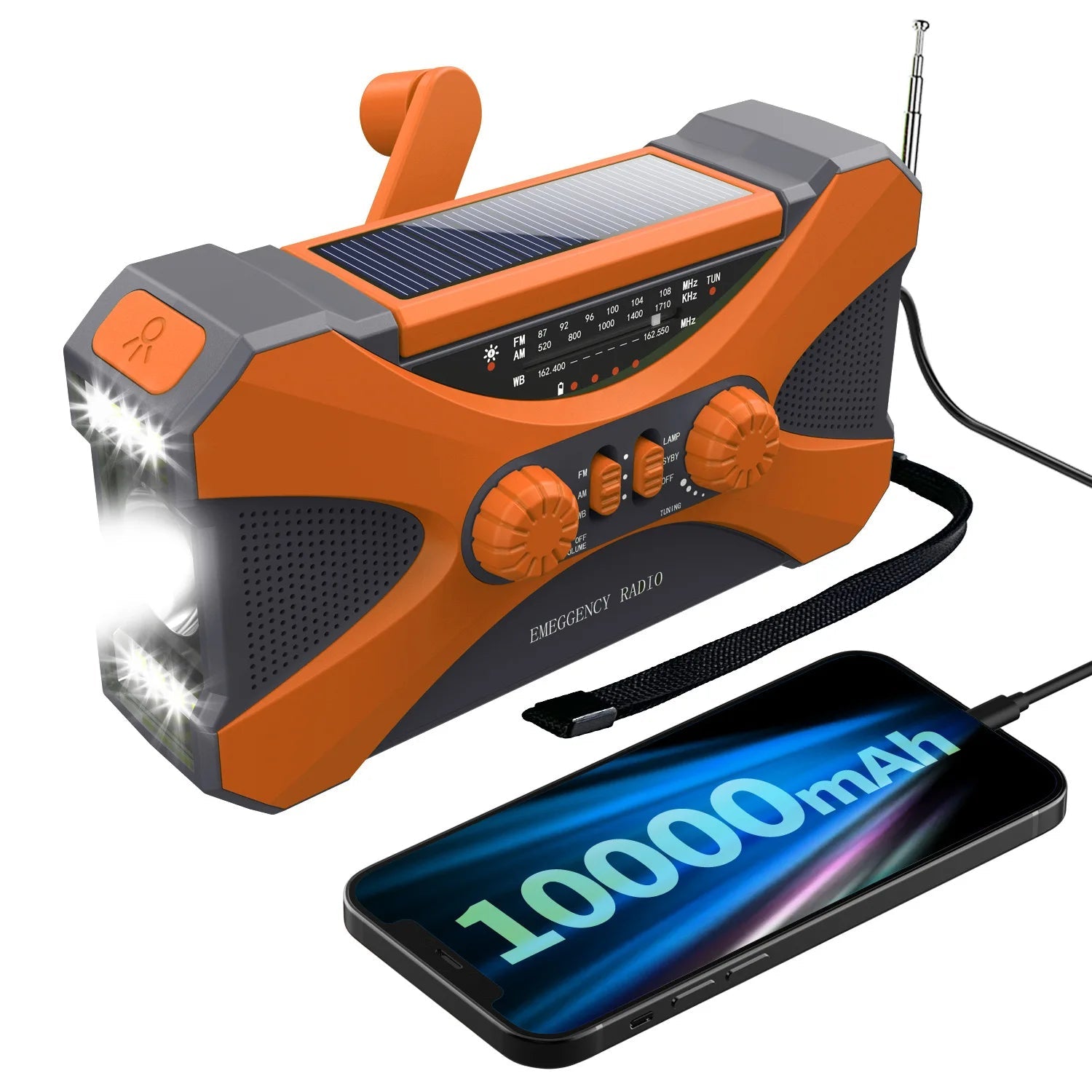 10000mAh Multifunctional Radio Hand Crank Solar USB Charging FM AM WB NOAA Weather Radio Emergency LED Flashlight Torch Power Techelectronicx