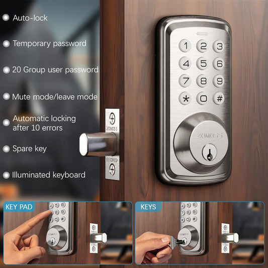 ZOMOSS Smart Keypad Door Lock,Digital Code Keyless Entry With Anti-Peeking Password, Auto Lock, And Easy Installation Techelectronicx