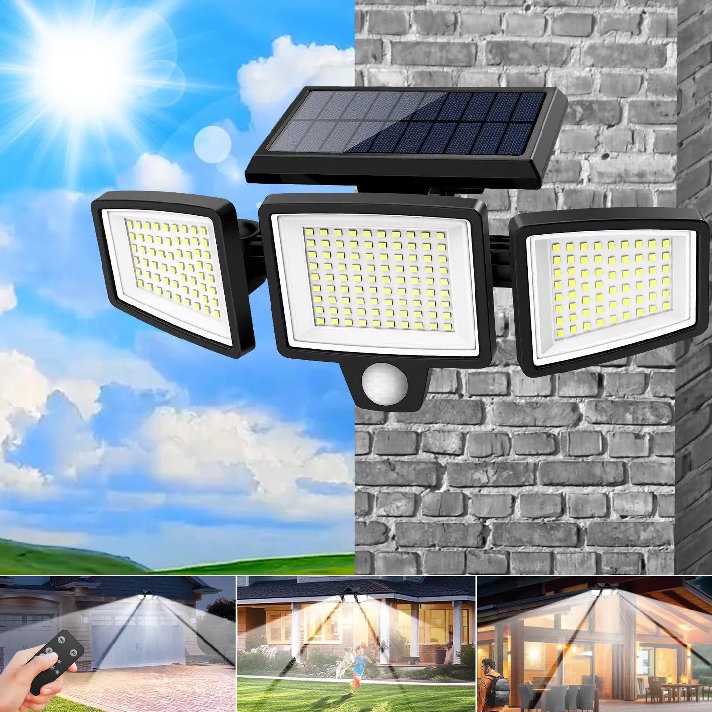 (5/4/3/2/1PCS)IP65Waterproof 3Heads Solar Outdoor Light, 210LED 2500LM Motion Sensor Security Light with Wireless Remote Control Techelectronicx
