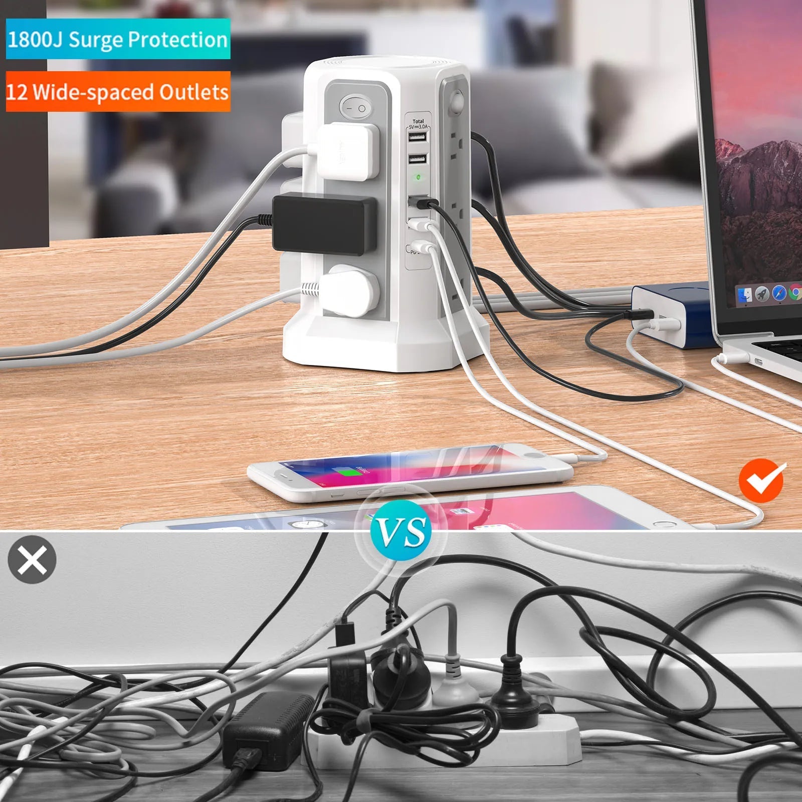 10FT Extension Cord with 12 AC Outlets 5 USB Charging Ports(1 USB C PD18W) PASSUS Surge Protector Power Strip Tower Techelectronicx