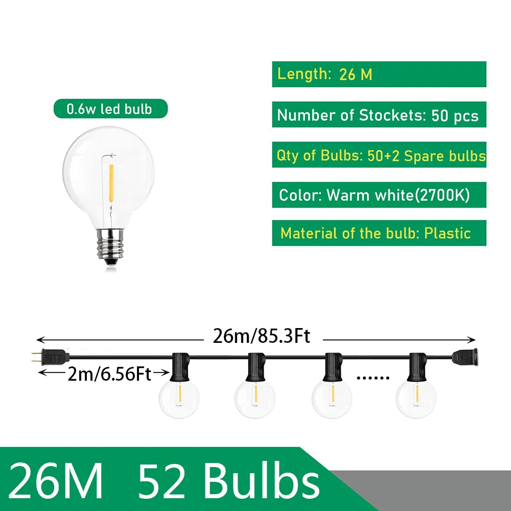 110V/220V Outdoor String Lights LED G40 Festoon Fairy Patio Garland Lamp Wedding Street Camping Garden Party Decoration Lights Techelectronicx
