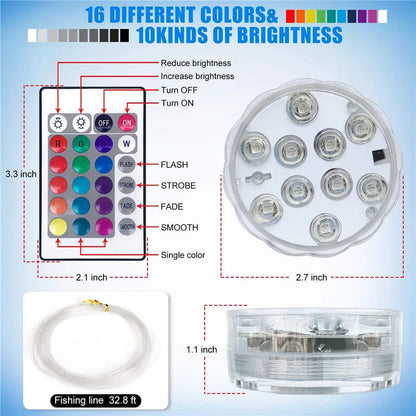 10leds RGB Led Submersible Light Underwater Night Lamp Battery Operated Garden Swimming Pool Light for Wedding Party Vase Bowl Techelectronicx