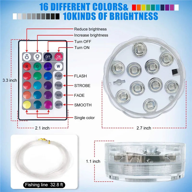 10leds RGB Led Submersible Light Underwater Night Lamp Battery Operated Garden Swimming Pool Light for Wedding Party Vase Bowl Techelectronicx