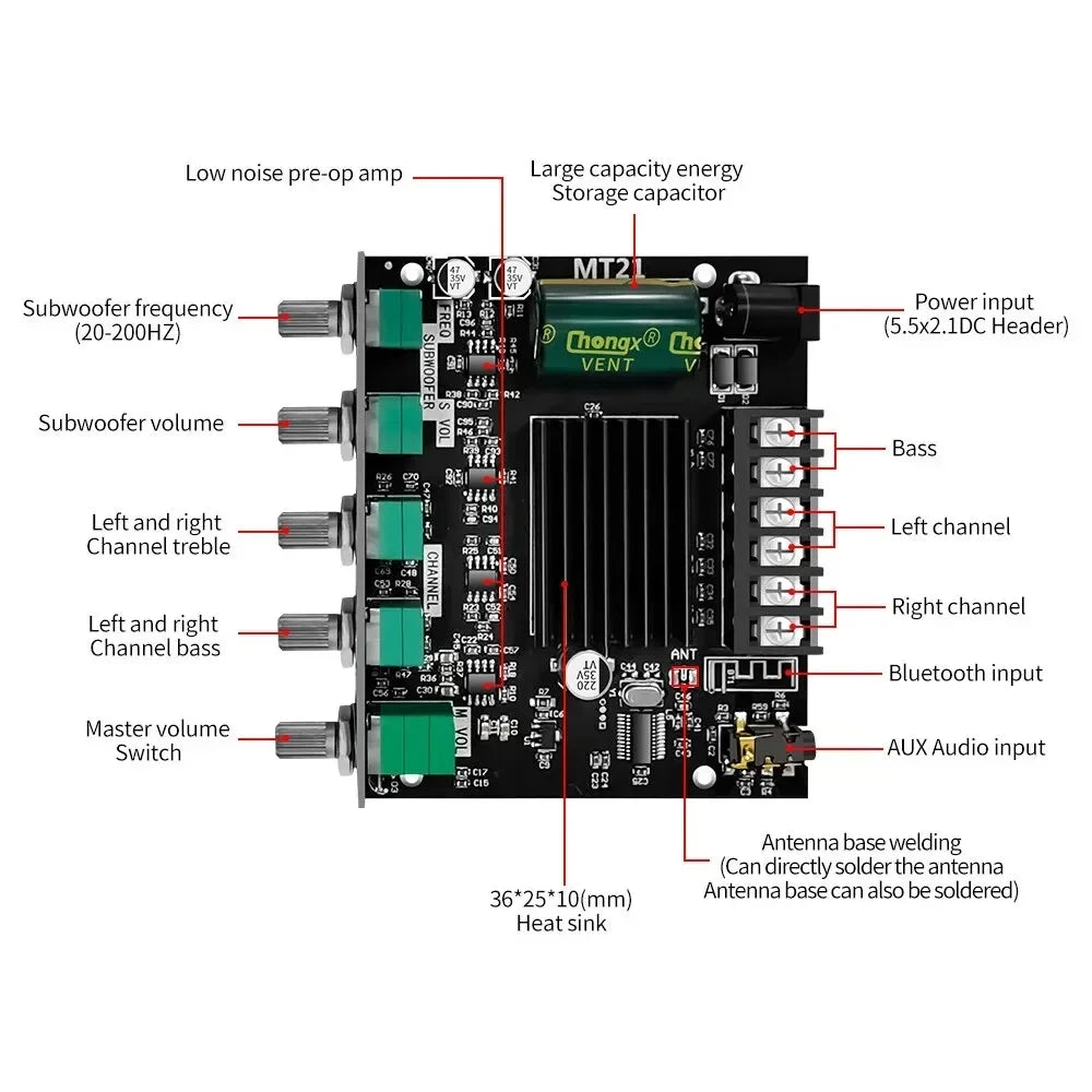 ZK-MT21 100W+2*50W 2.1 Channel Digital Audio Power Amplifier Module Subwoofer AUX Blue tooth 12/24V Stereo Amp HiFi for Speaker Techelectronicx