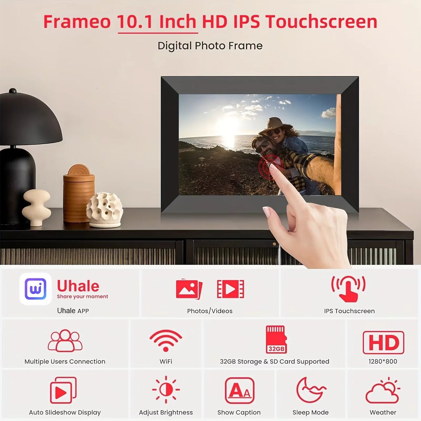 10.1” WiFi Digital Photo Frame, IPS Touch Screen, 32GB Storage, Gravity Sensor Support, Photo/Video Sharing via Secure Free Apps TechElect