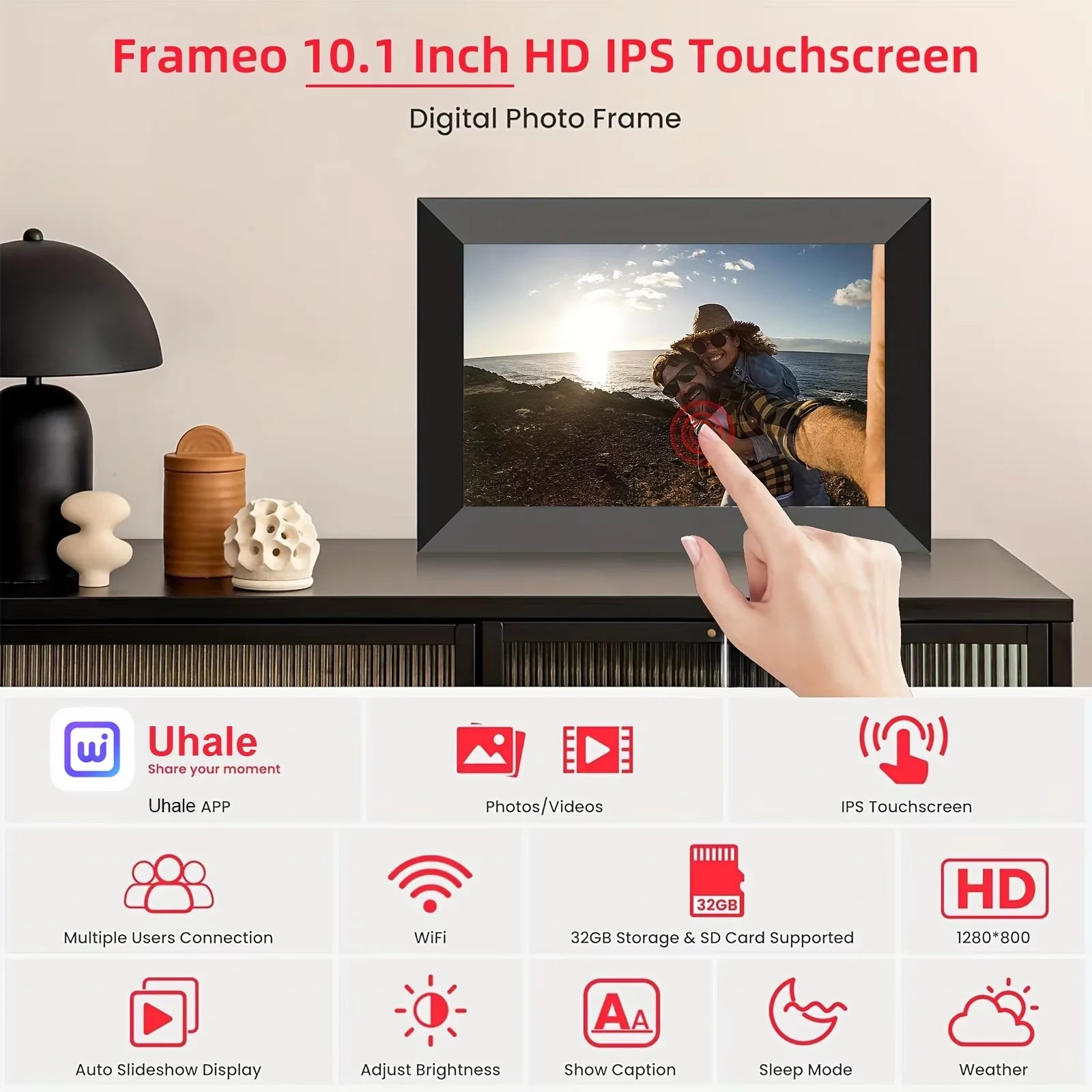 10.1” WiFi Digital Photo Frame, IPS Touch Screen, 32GB Storage, Gravity Sensor Support, Photo/Video Sharing via Secure Free Apps TechElect