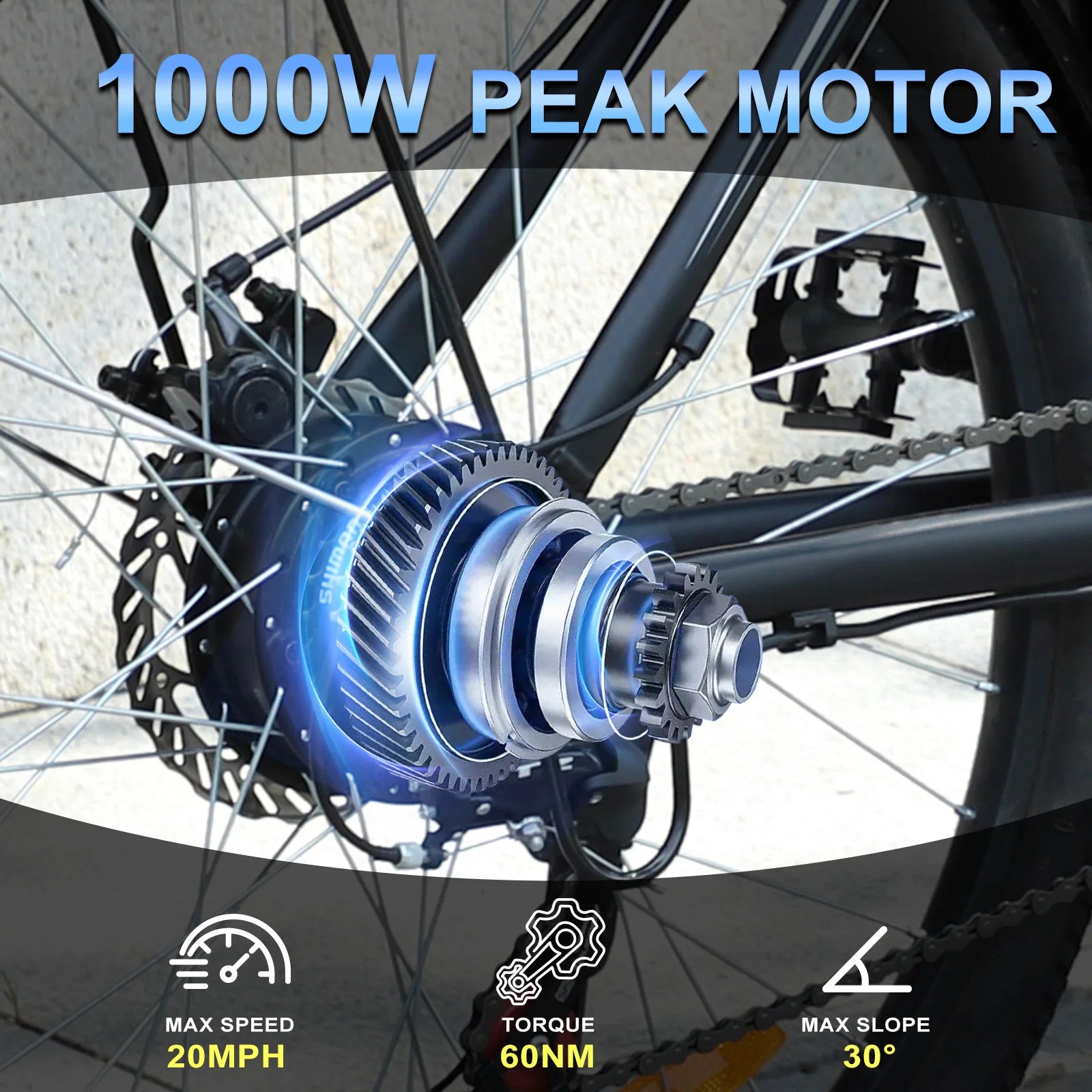 1000W Peak 48V Electric Bike for Adults, 26 inch Electric Mountain Bike with Removable Battery,Up to 50Miles Range 20 MPH TechElect