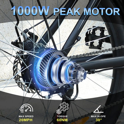 1000W Peak 48V Electric Bike for Adults, 26 inch Electric Mountain Bike with Removable Battery,Up to 50Miles Range 20 MPH TechElect