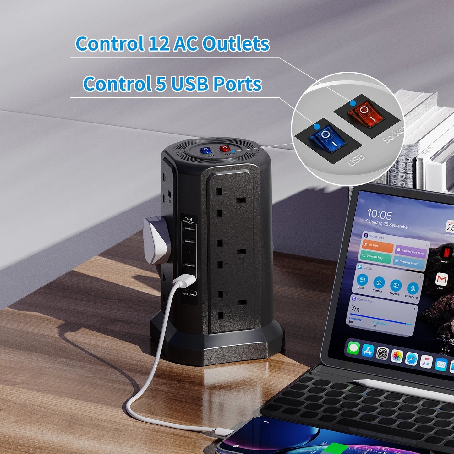 1.8M Cable Tower Extension Lead with USB Slots with 18W USB C Fast Charger(5V/3.1A), 12 Way Plug Extension Tower Techelectronicx
