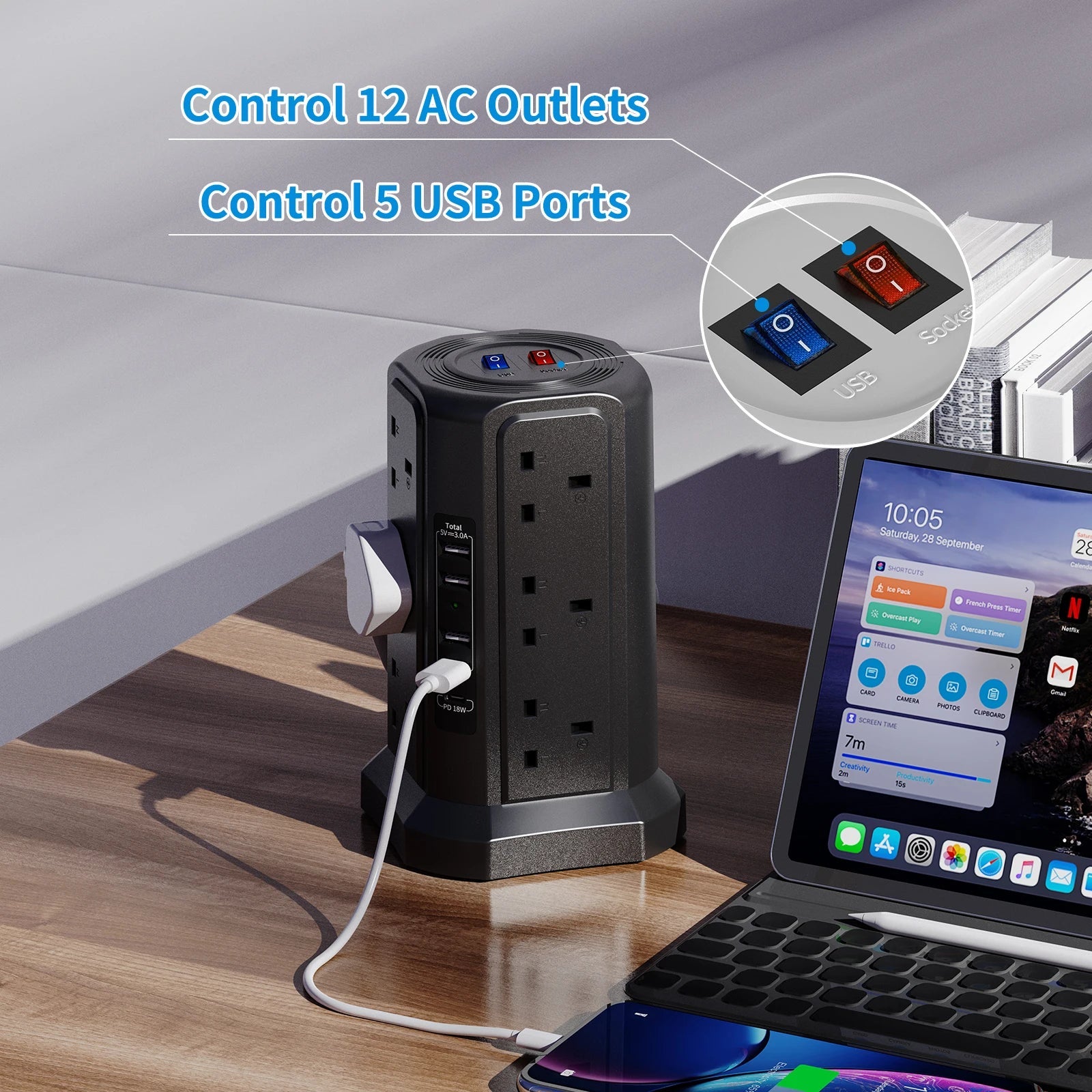 1.8M Cable Tower Extension Lead with USB Slots with 18W USB C Fast Charger(5V/3.1A), 12 Way Plug Extension Tower Techelectronicx