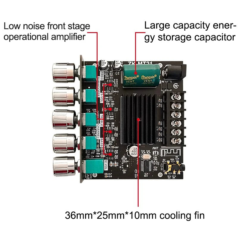 ZK-MT21 2*50W+100W Bluetooth 5.0 Power Subwoofer Amplifier Board 2.1 Channel Class D Home Theater Audio Stereo Equalizer Amp Techelectronicx