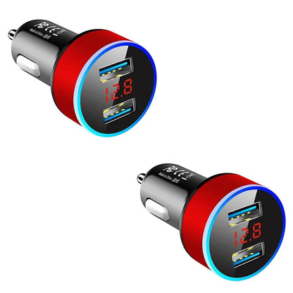 1/2pcs Car Charger, Cigarette Lighter, Smartphone Adapter, Phone Charger, Dual USB Digital Display, Voltmeter, Fast Charging Techelectronicx