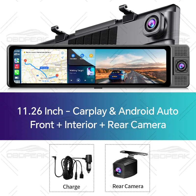 11.26 Inch 3 Camera Recording Android Auto Carplay Wireless Connection 2.5K Recording Wifi Mirror Car DVRs Touch Screen Car Dash Techelectronicx
