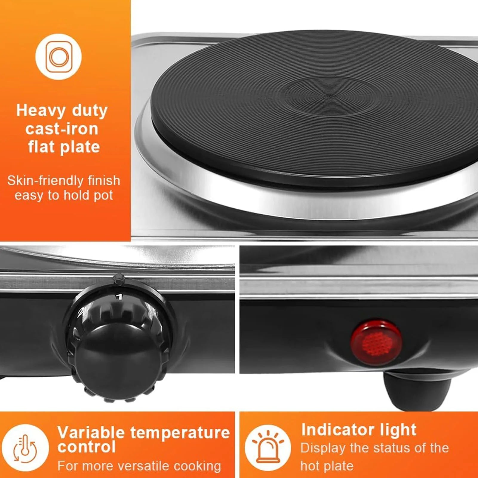 1000W Electric Countertop Single Burner 5 Level Temperature Control Hot Plate for Cooking Stainless Steel Base 220V Techelectronicx