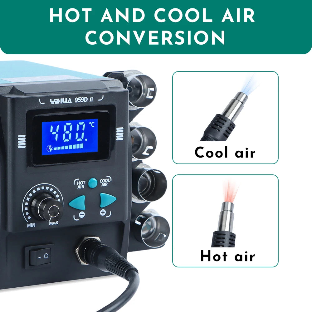 YIHUA 959D-II 700W Rework Station with Easy Plug-pull Nozzles Hot Air Gun Welding Station Digital Temperature Calibration TechElect
