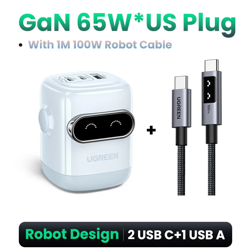 【US Plug】UGREEN 65W 30W GaN Charger Robot Design QC4.0 3.0 PPS for iPhone 16 15 14 Pro Macbook Laptops Tablet PD3.0 Fast Charger Techelectronicx