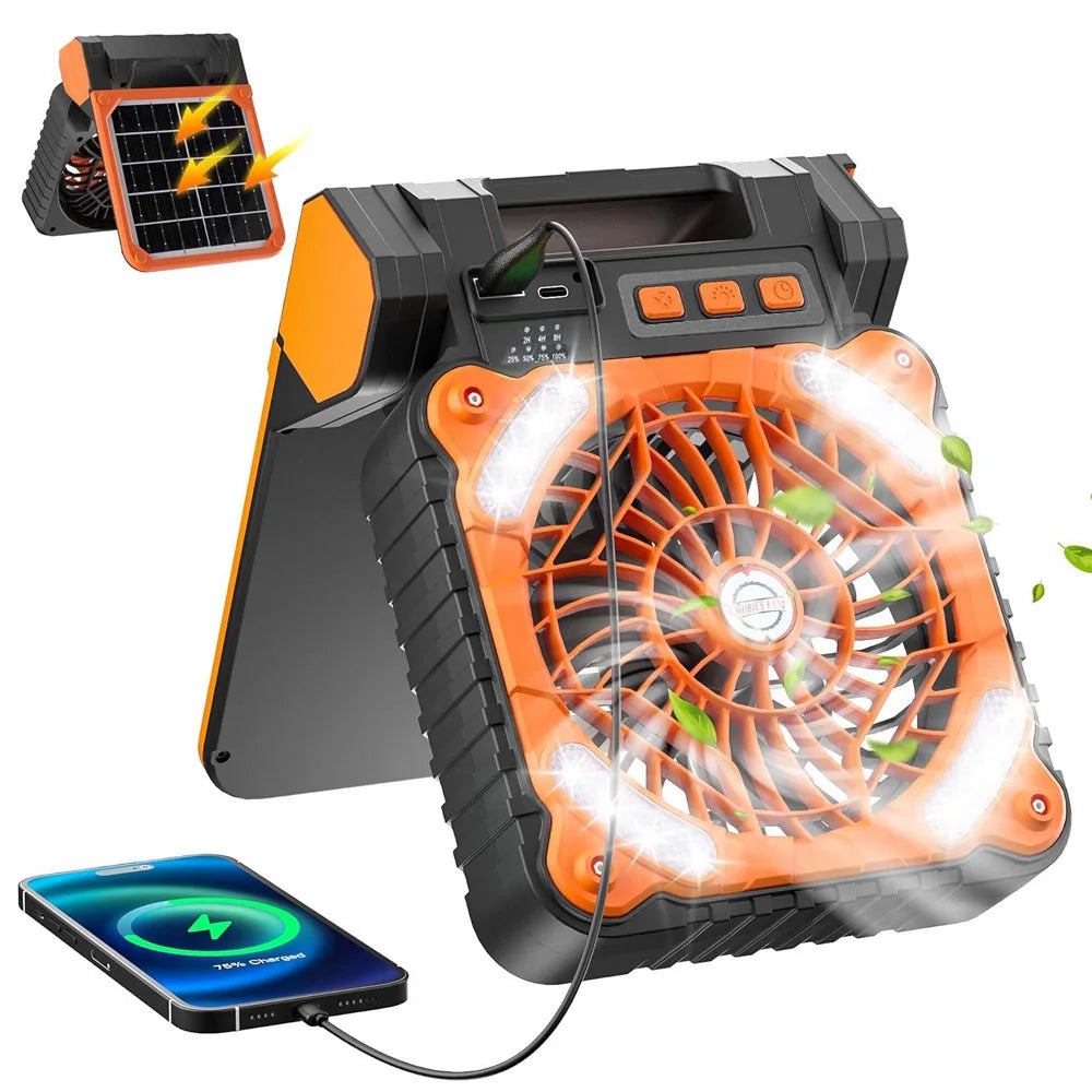 10000mAh Solar Powered Portable Camping LED Lantern With Fan 4 Speeds Powerful Wind Rechargeable Battery Operated 90° Folding Techelectronicx