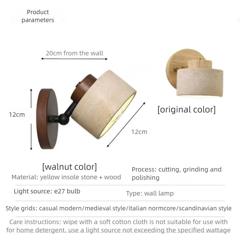 Yellow cave stone Japanese-style wabi-sabi bedroom bedside wall lamp, retro homestay study, rotatable wall lamp with switch for TechElect