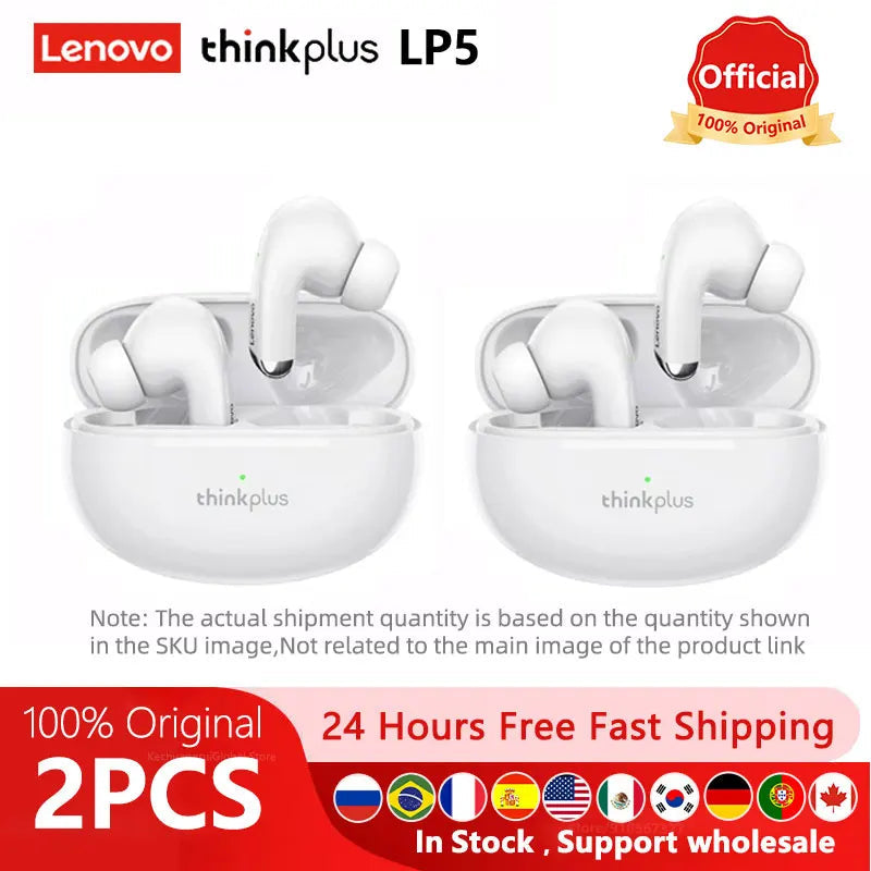10pcs 100% Original Lenovo LP5 Wireless Bluetooth Earbuds /2pcs lenovolp5 HiFi Music Earphone with Mic Headphones Sports Headset Techelectronicx