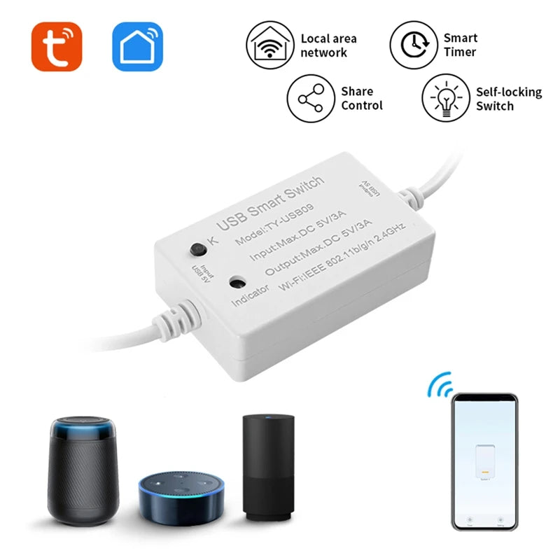 1 PCS Tuya USB Smart Switch Universal Breaker Timer Smart Life For USB Appliances For Alexa Google Home Techelectronicx