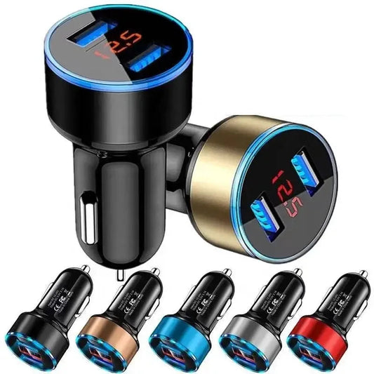 1/2pcs Car Charger, Cigarette Lighter, Smartphone Adapter, Phone Charger, Dual USB Digital Display, Voltmeter, Fast Charging Techelectronicx