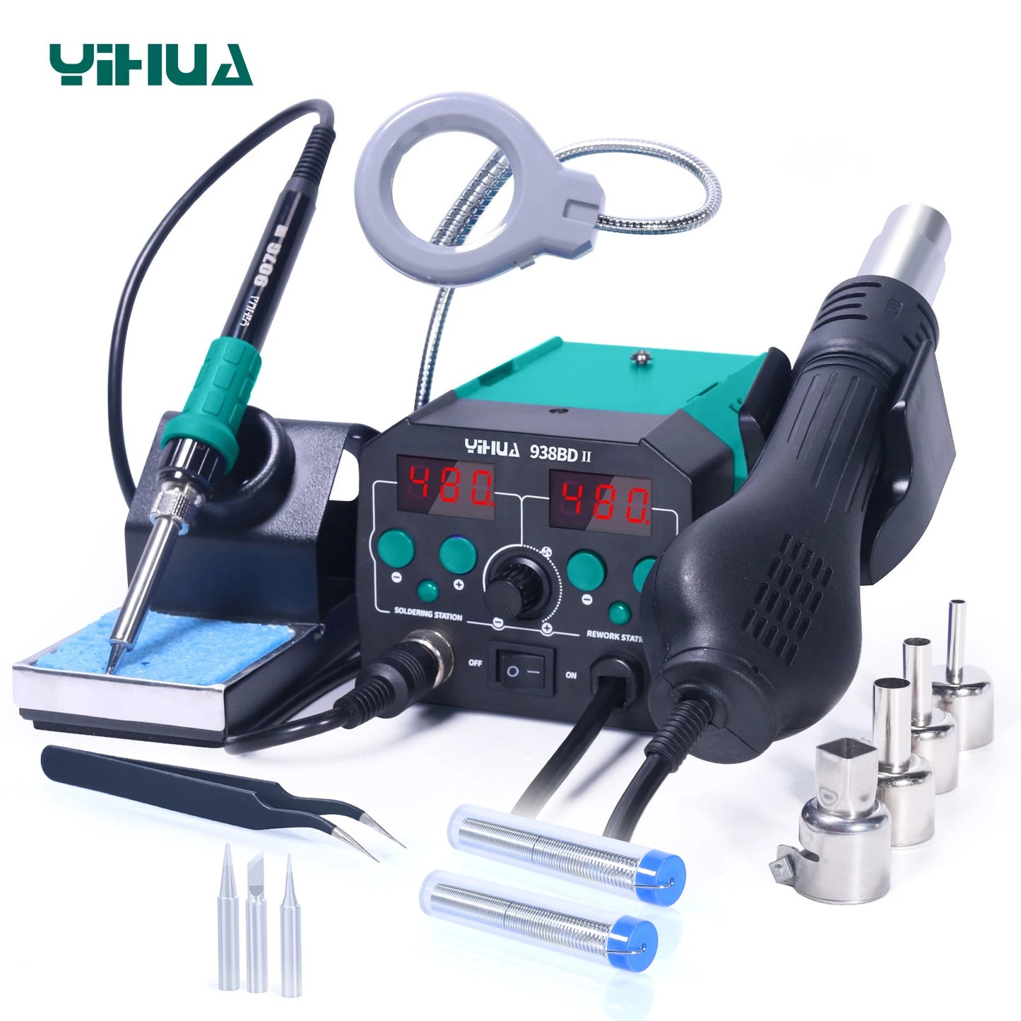 YIHUA 938BD-II 740W Hot Air Gun BGA Rework Station SMD Soldering Iron Desoldering Station LED Lamp Digtal Display Welding Tool TechElect