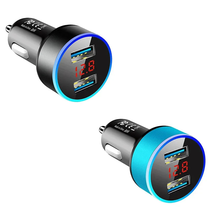 1/2pcs Car Charger, Cigarette Lighter, Smartphone Adapter, Phone Charger, Dual USB Digital Display, Voltmeter, Fast Charging Techelectronicx