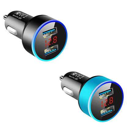 1/2pcs Car Charger, Cigarette Lighter, Smartphone Adapter, Phone Charger, Dual USB Digital Display, Voltmeter, Fast Charging Techelectronicx