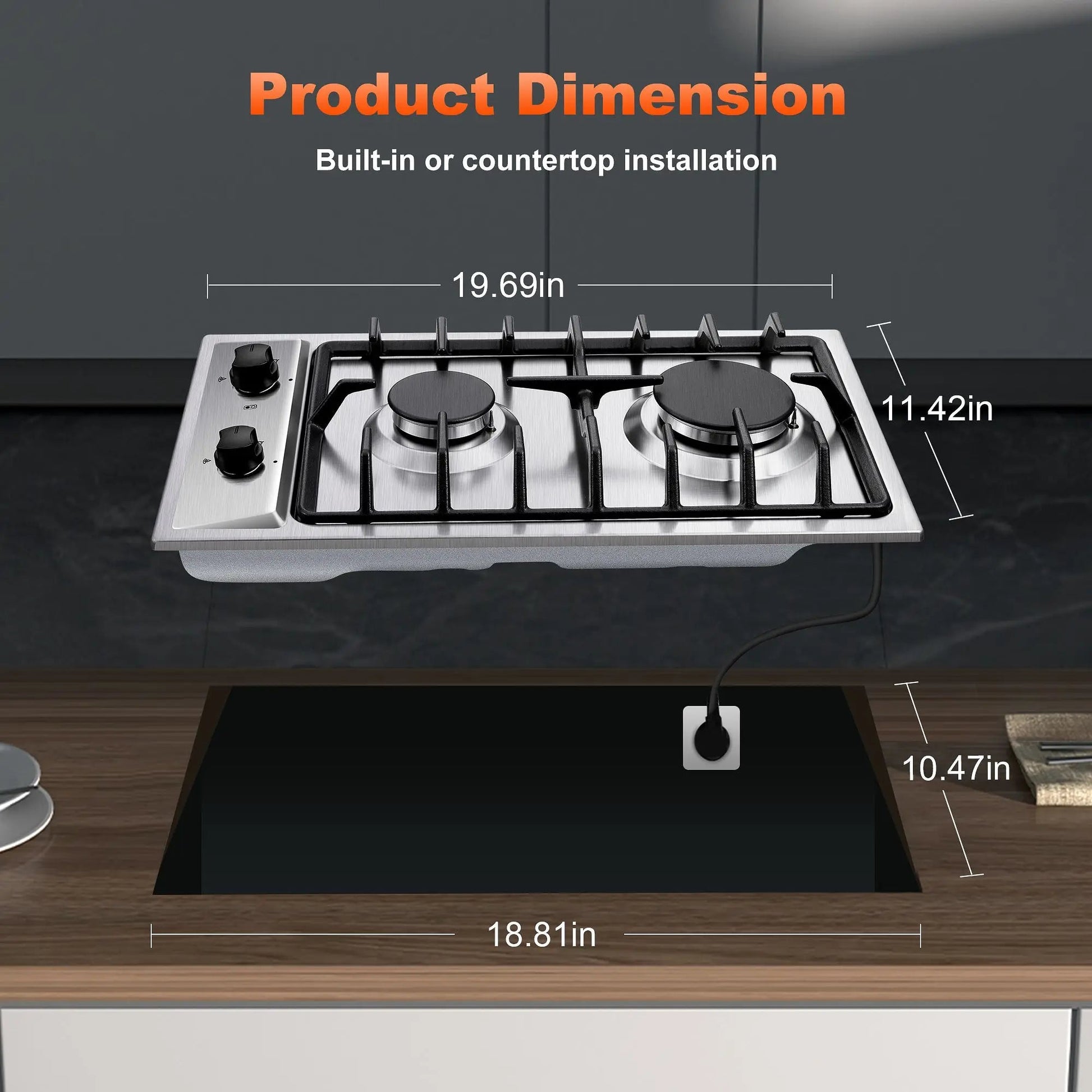 12 Inch 2-Burner Dual Fuel NG/LPG Gas Stove | Built-in for RV, Camping & Kitchen | Thermocouple Protection | Stainless Steel Techelectronicx