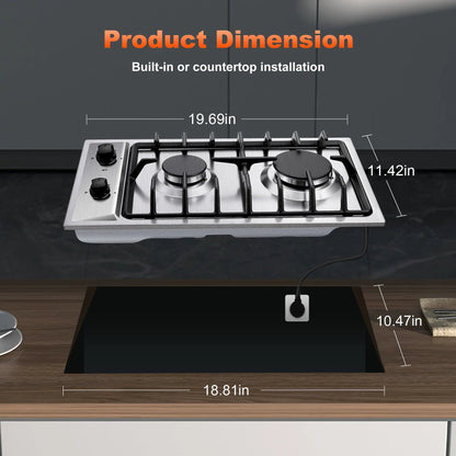 12 Inch 2-Burner Dual Fuel NG/LPG Gas Stove | Built-in for RV, Camping & Kitchen | Thermocouple Protection | Stainless Steel Techelectronicx