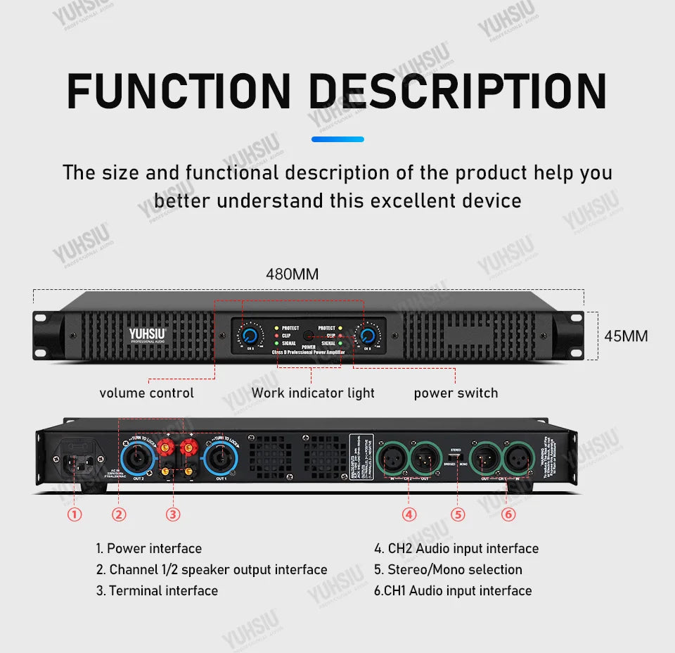 YUHSIU Professional Digital AMP 1U Class D Hifi High Power Amplifier 800W 2Channels For KTV Disco DJ Stage Karaoke Audio Speaker Techelectronicx