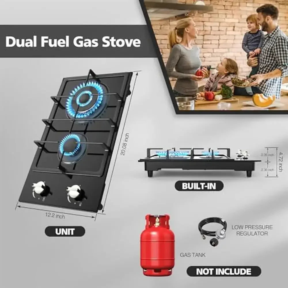 12" Gas Stove Propane Cooktop 2 Burner Stainless Steel Portable Gas Burner with Thermocouple Protection Lpg/Ng 3.3kW 1kW Power Techelectronicx