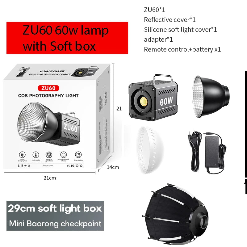 ZU80/ZU60 Photo Studio Light COB Bi-Color 2500-8500K CRI≥95 TLCI≥97 With Diffuser LED Video Lights Fill Lighting Techelectronicx