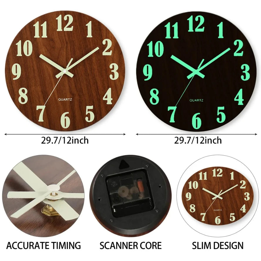 12 Inch Wooden Wall Clock with Soft Glow Night Light Nordic Fashion Silent NonTicking for Bedroom Techelectronicx