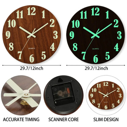 12 Inch Wooden Wall Clock with Soft Glow Night Light Nordic Fashion Silent NonTicking for Bedroom Techelectronicx