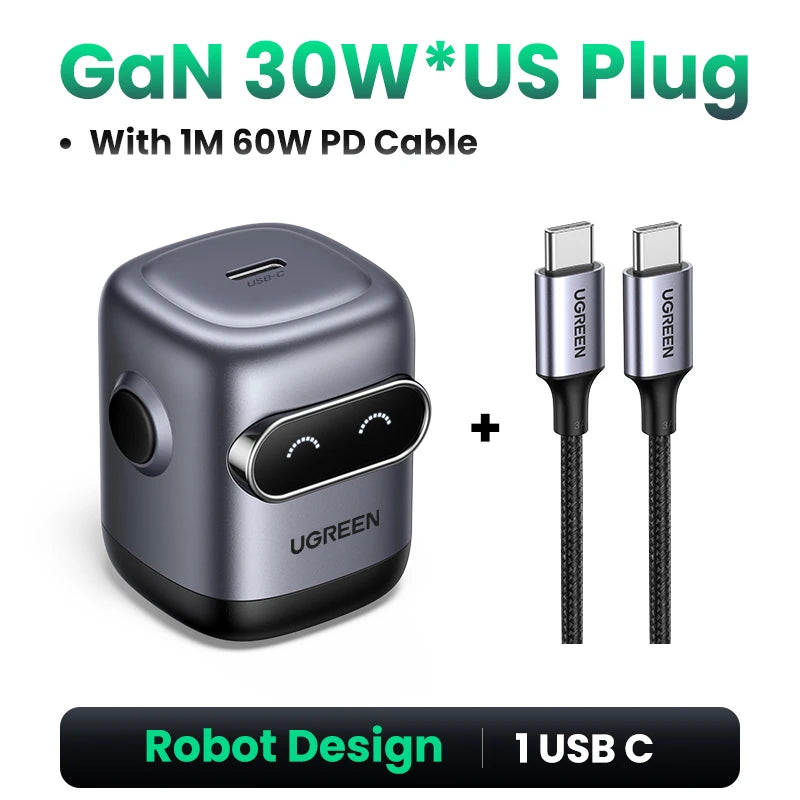 【US Plug】UGREEN 65W 30W GaN Charger Robot Design PD3.0 QC4.0 3.0 PPS Fast Charger for iPhone 16 15 14 Pro Macbook Laptops Tablet Techelectronicx