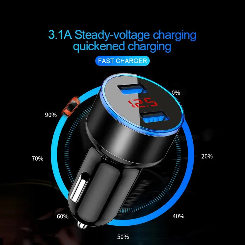 1/2pcs Car Charger, Cigarette Lighter, Smartphone Adapter, Phone Charger, Dual USB Digital Display, Voltmeter, Fast Charging Techelectronicx