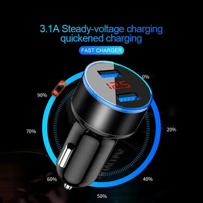 1/2pcs Car Charger, Cigarette Lighter, Smartphone Adapter, Phone Charger, Dual USB Digital Display, Voltmeter, Fast Charging Techelectronicx