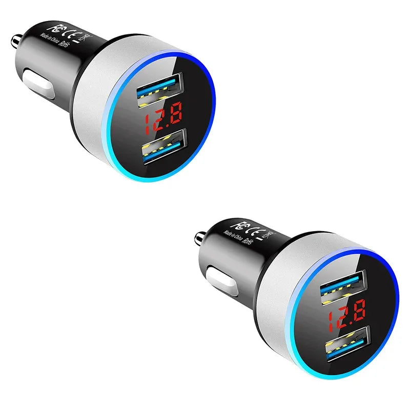 1/2pcs Car Charger, Cigarette Lighter, Smartphone Adapter, Phone Charger, Dual USB Digital Display, Voltmeter, Fast Charging Techelectronicx