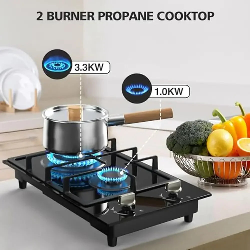 12" Gas Stove Propane Cooktop 2 Burner Stainless Steel Portable Gas Burner with Thermocouple Protection Lpg/Ng 3.3kW 1kW Power Techelectronicx