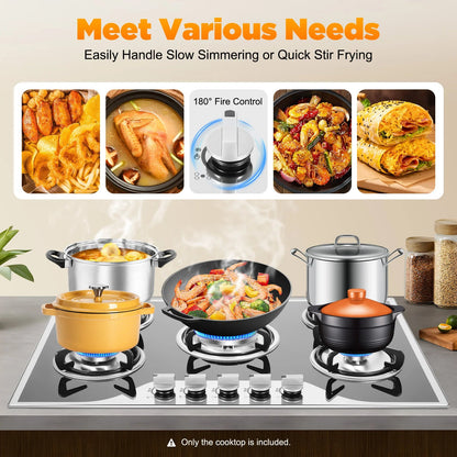 ﻿ ﻿ 5 Burner Gas Stove Glass 5-Burner Gas Hob Cooktop Hob LPG/NG for Home Commercial Kitchen Techelectronicx