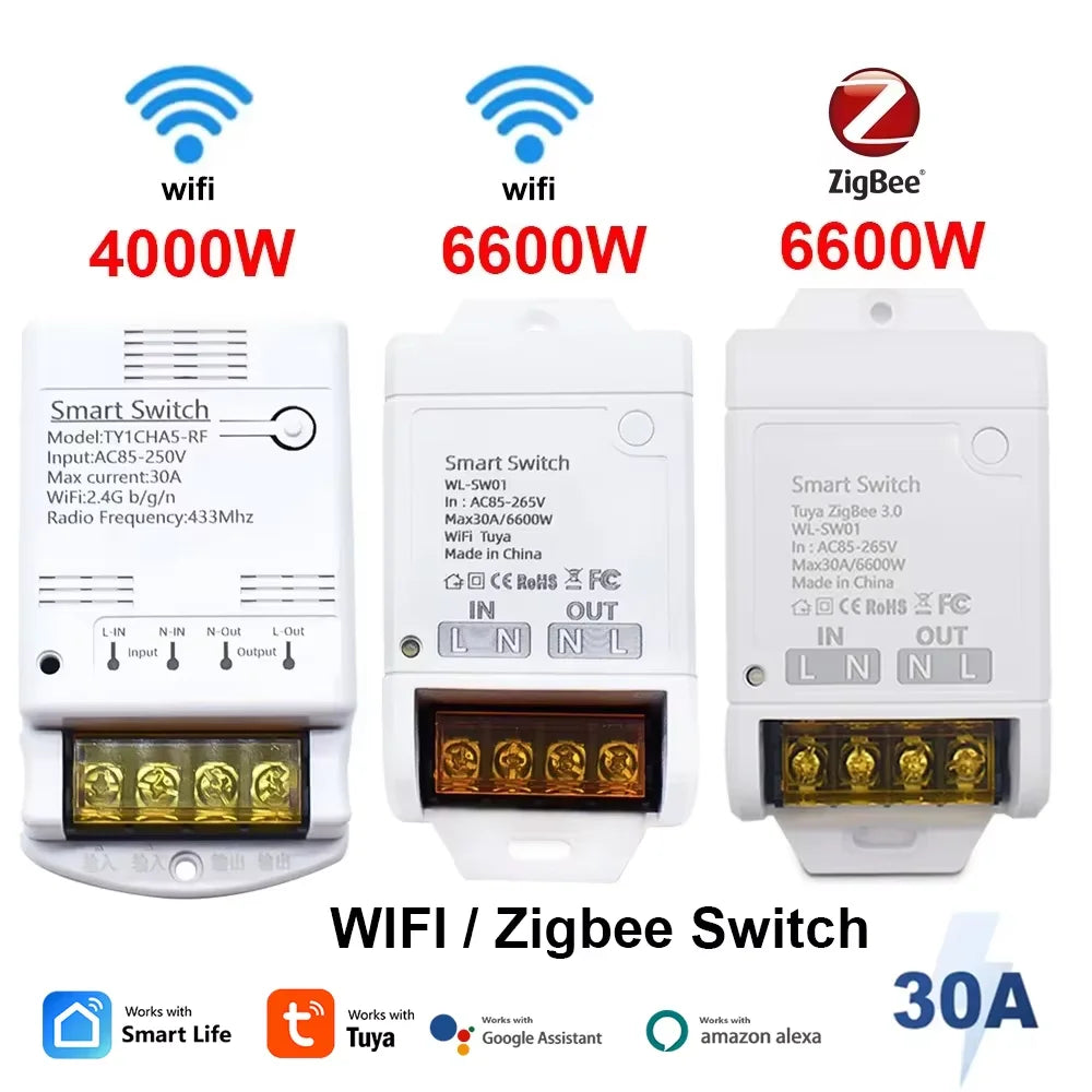 ZIGBEE/WiFi Smart Switch 30A 6600W/4000W Tuya Relay Module AC DC 7-32V 85-250V Timer Home Automation Alexa DIY Smartlife APP Techelectronicx