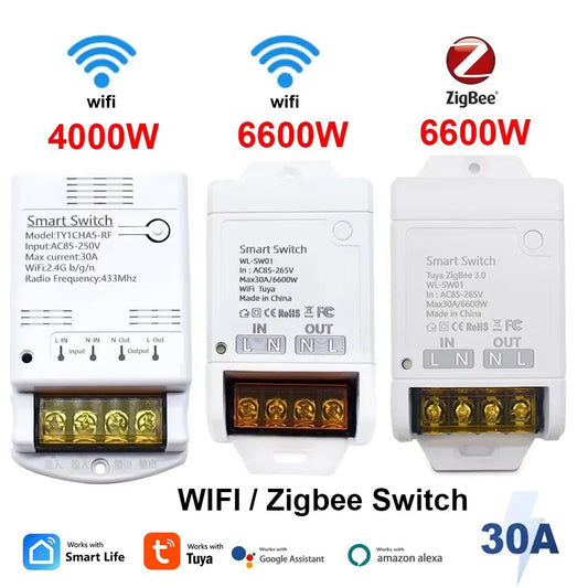 ZIGBEE/WiFi Smart Switch 30A 6600W/4000W Tuya Relay Module AC DC 7-32V 85-250V Timer Home Automation Alexa DIY Smartlife APP Techelectronicx