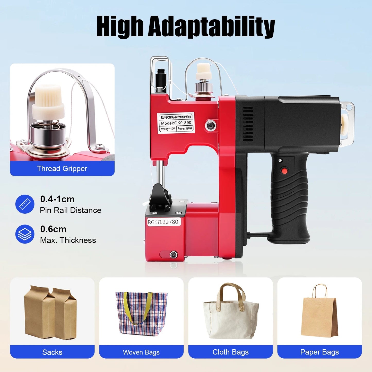 110V Portable Electric Stitching Machine Leather Canvas Sewing Machine Bag Stitching Closer Maximum Thickness 6mm 15000 RPM TechElect