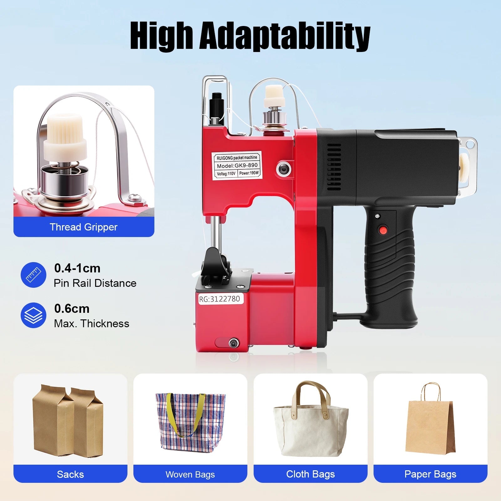 110V Portable Electric Stitching Machine Leather Canvas Sewing Machine Bag Stitching Closer Maximum Thickness 6mm 15000 RPM TechElect
