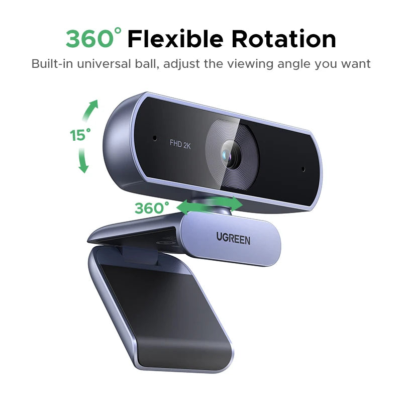 【RU】 UGREEN 2K Web cam with Microphone, Full HD 2K, Auto Light Correction, Video Webcam for Streaming Techtronicx