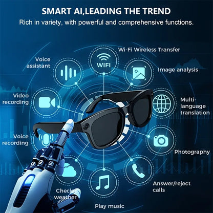 AI Smart Glasses Built-in HD Camera Glasses Bluetooth Wireless Audio Intelligent Glasses Anti-glare Anti-blue Connected Glasses TechElect