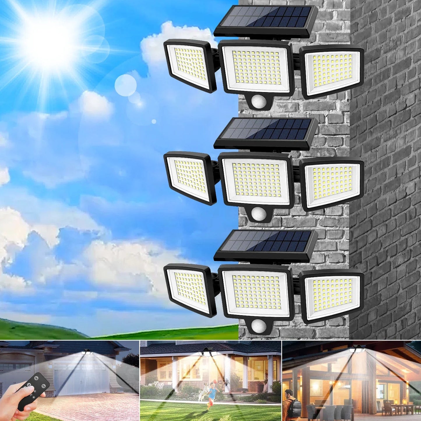 (5/4/3/2/1PCS)IP65Waterproof 3Heads Solar Outdoor Light, 210LED 2500LM Motion Sensor Security Light with Wireless Remote Control Techelectronicx