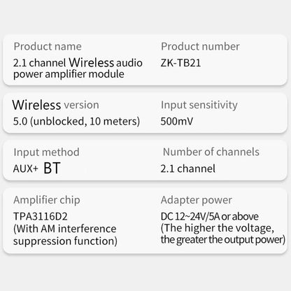 ZK-TB21 2 in 1 Power Amplifier Board with Bluetooth 5.0 2.1 Channel Mini Audio Amplifier Module with Filter and Protection Techelectronicx